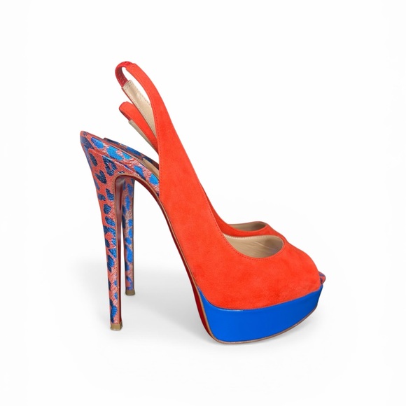 Christian Louboutin Shoes - Christian Louboutin Red Suede Peep-Toe Platform Slingback with Blue Platform